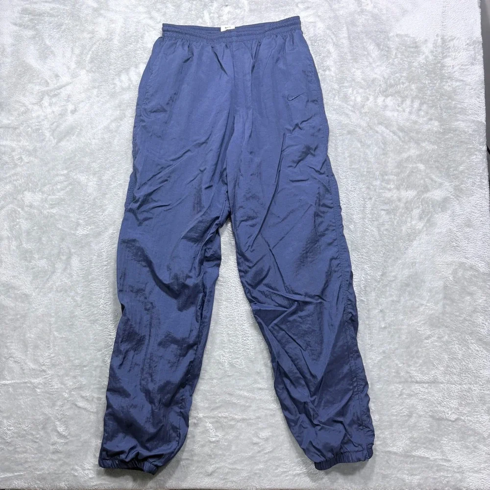 Vintage Nike Track Pants Mens Medium Navy Blue Lined Crinkle Nylon Zip Cuff